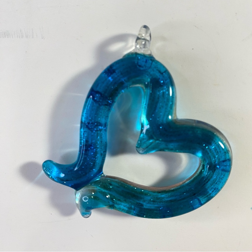 Vintage Murano-Style Blue Art Glass Heart Pendant with Gold Flecks - Picture 2 of 4